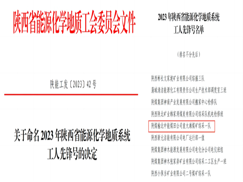 喜訊！中能袁大灘煤礦綜采一隊獲2023年陜西省能源化學地質(zhì)工會“工人先鋒號”榮譽稱號.png